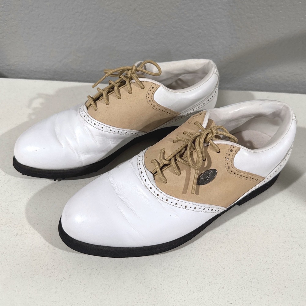 Nike Womens Airliner Golf Shoes Cleats White Tan Saddle Oxford‎ Spiked Size 7.5